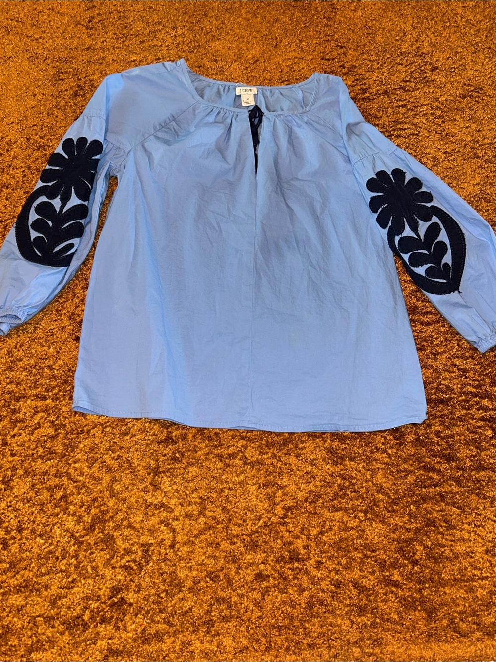 J. Crew Light Blue Blouse with Navy Sleeve Embroidery